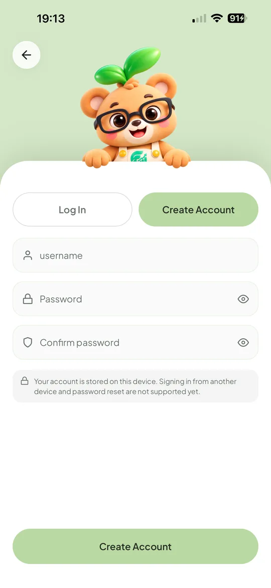 Create account screen